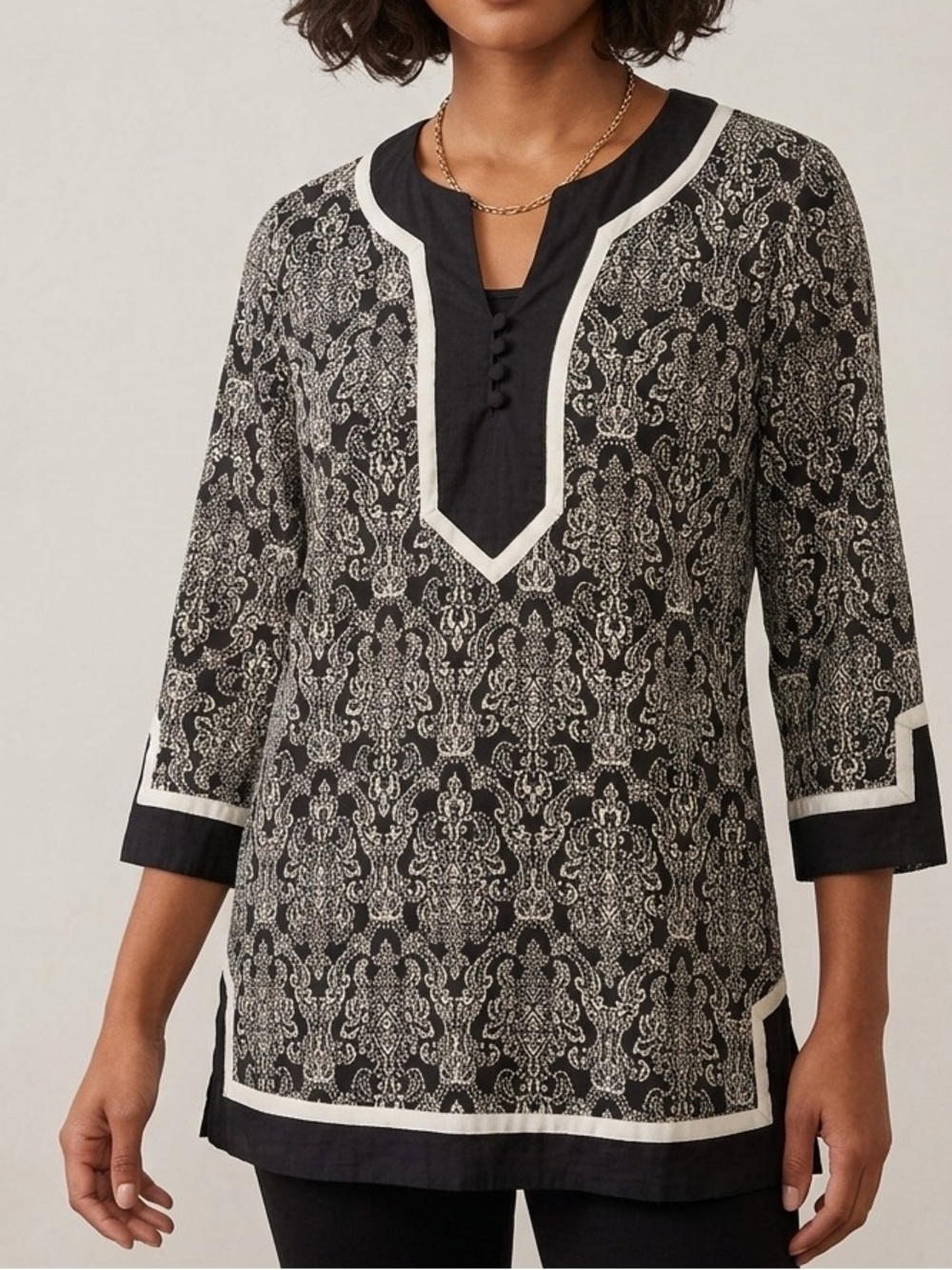 Marisa Christina Linen Blend Black and Cream 3/4 Sleeve Tunic Top Size Medium